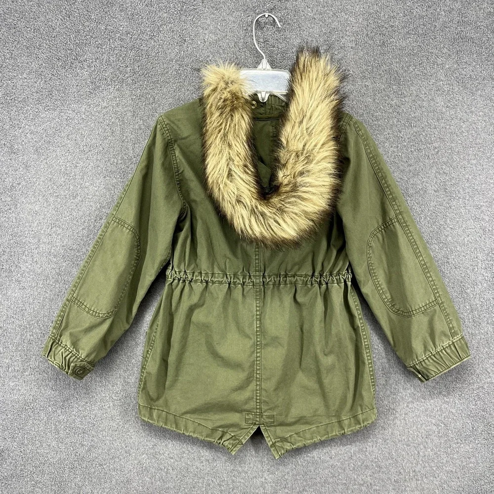 GAP Kids Jacket Girls Small 6-7 Olive Hooded Parka Faux Fur‎ Trim Utility Anorak